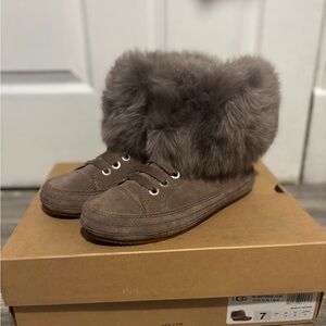UGG Tan Sneakers with Plush Fur Trim